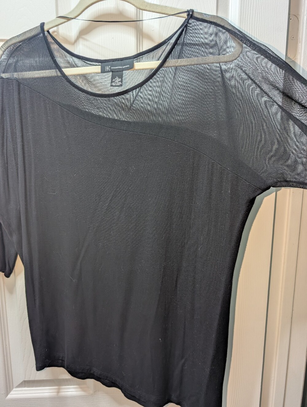 INC International Concepts Black Short-Sleeve Sheer Yoke Top